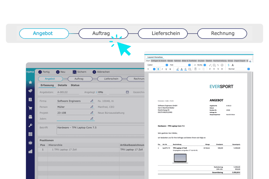 Software zeigt Angebot bis Rechnung